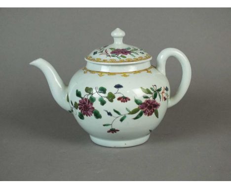 A Richard Chaffers Liverpool teapot and cover circa 1760-65 the domed cover with a turned finial, painted in famille rose sty