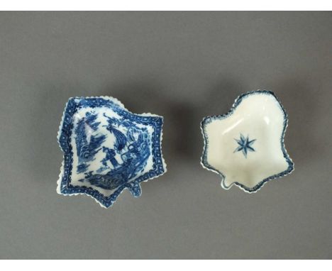 Two Caughley pickle leaf dishes circa 1780 transfer-printed in the Pleasure Boat pattern and painted in the Single Flower Hea