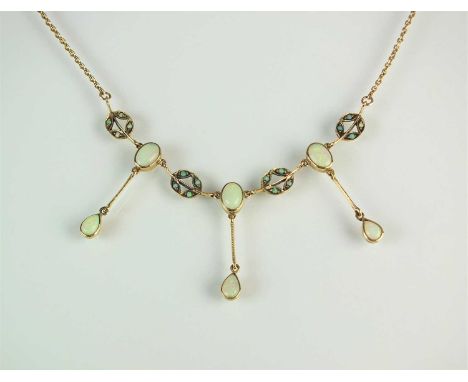 An opal fringe necklace, designed as three oval opal cabochons, collet set in yellow metal each suspending yellow metal knife