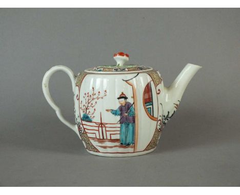 A Worcester ribbed barrel-form teapot circa 1775 decorated in coloured enamels with Mandarin figures and gilt mazarine border