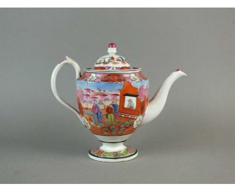 A New Hall 'Boy in the Window' pedestal teapot and cover circa 1820 printed and over-painted in coloured enamels, on a raised