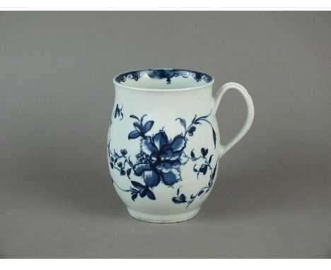 A Worcester 'Mansfield' mug circa 1760 of bell-shape, decorated in underglaze blue, workman's mark, 12cm high