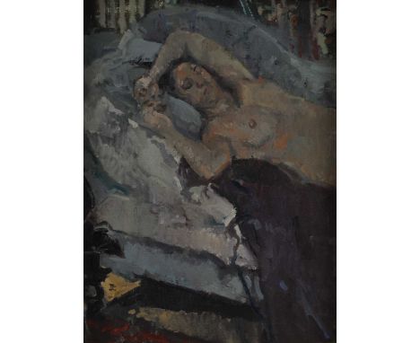 Tom Coates NEAC (British, b.1941), Portrait of Elizabeth Moore, oil on board, initialled bottom left, oil on board, framed. M