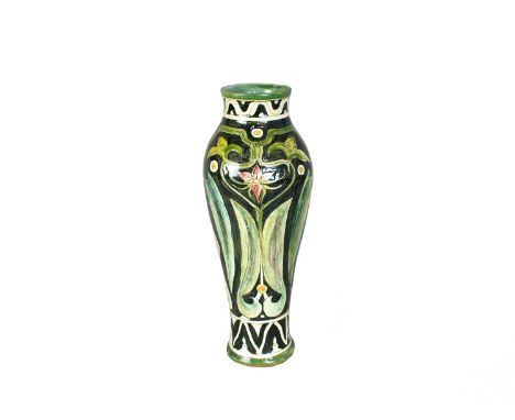 A Della Robbia art pottery vase designed by Ruth Bare circa 1900 the central reserve decorated with incised stylised vertical