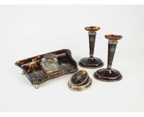 An Edwardian William Comyns &amp; Sons silver and tortoiseshell desk set, London 1908, comprising; an ink stand of serpentine