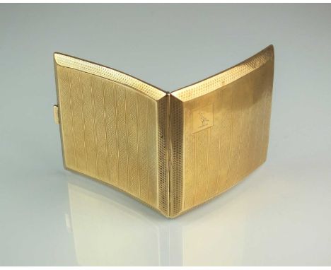 A 9ct gold cigarette case, of square form with engraved crest and engine turned decoration, 8.5cm, total weight approx 86.6g