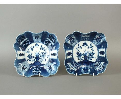 A pair of Caughley powder blue square dessert dishes circa 1777-80, painted in blue with the Holed or Flaming Rock design, si