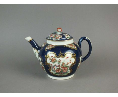 A Worcester teapot and cover circa 1768-72 of large, globular form with a flower finial, decorated in rich Kakiemon style wit