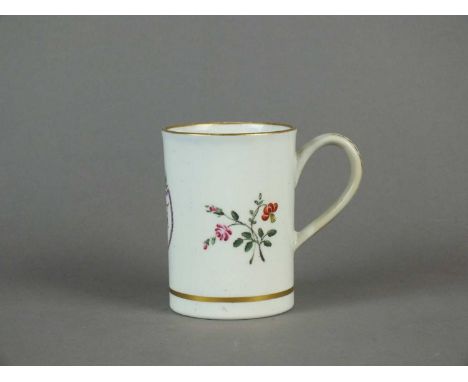 A Caughley polychrome mug circa 1791 of plain cylindrical form, with double indented plain strap handle, decorated in overgla