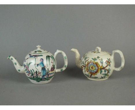 A Staffordshire salt-glaze stoneware polychrome teapot and associated cover circa 1760 enamelled with Chinese-style figures a