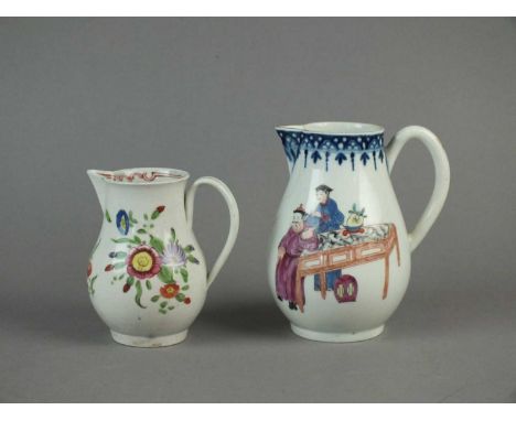 A Pennington's Liverpool sparrow beak jug circa 1775 painted with flowers in polychrome, red scrolling interior border, unmar