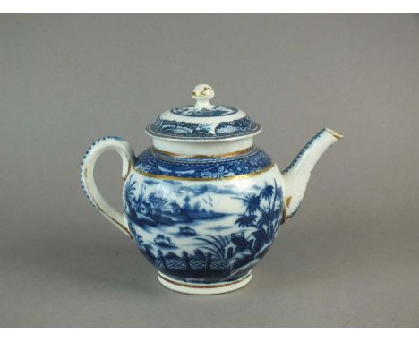 A Caughley teapot and cover circa 1784-90 transfer-printed in underglaze blue with the Fence and House pattern with additiona