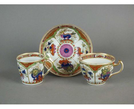 A Chamberlains Worcester 'Dragons in Compartments' or 'Bengal Tiger' trio late 18th century comprising coffee cup, teacup and