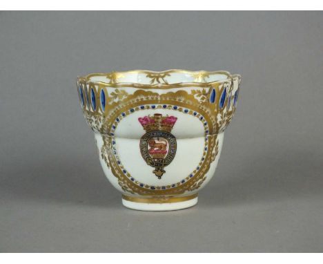 A rare Caughley chocolate cup circa 1790 with flute-moulding to the lobed rim and a pronounced double scroll handle, decorate
