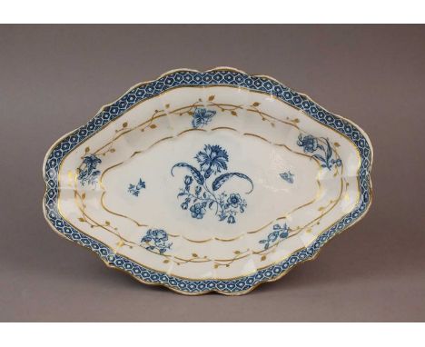 A Caughley 'Gillyflower 5' dessert dish circa 1778-86 of melon form, transfer-printed in underglaze blue with central floral 