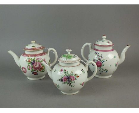 Two Liverpool teapots, probably John Pennington circa 1785 painted in famille rose sprays below pink borders, unmarked, toget