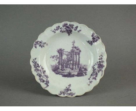 A Worcester 'Classical Ruins' plate circa 1760 transfer-printed in puce with a landscape featuring solitary fisherman before 