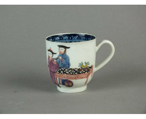 A Worcester coffee cup circa 1765-70 with an indented loop handle, painted in polychrome with three Chinese scholars, with as