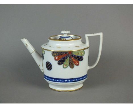 A Coalport 'Japan Fan' pattern teapot and cover circa 1800-14 pseudo-Chinese mark, 15.5cm high (a.f) Provenance: Stockspring 