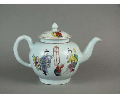 A Philip Christian &amp; Co Liverpool teapot and cover circa 1770 painted in polychrome enamels with Mandarin figures, confor