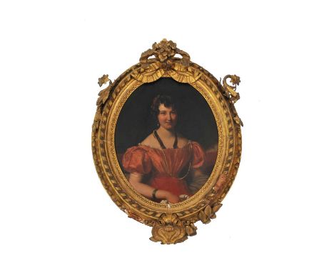 British School, Oval Portrait of a Seated Lady in a Red Dress, oil on board, in a gilt frame. Measurements 26 x 21 cm, frame 