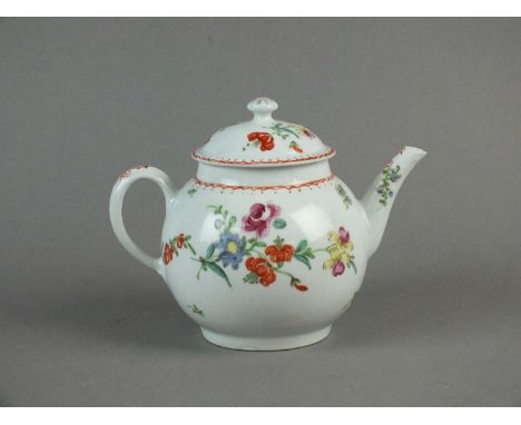 A Bow teapot and cover circa 1765-70 of globular form, the loop handle with a heart-shaped lower terminal, painted with spray