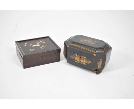 A Meiji period shibayama hardwood box, the top inlaid with bone and mother of pearl, depicting a moth and prunus blossom, fra