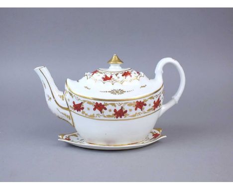 A Pinxton teapot, cover and stand circa 1796-1813 painted in red with trailing lilies and gilt border, pattern 312 painted in