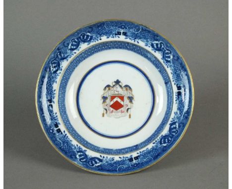 A Caughley armorial muffin dish circa 1790, painted with the family coat of arms of the Braithwaite family of Yorkshire and W