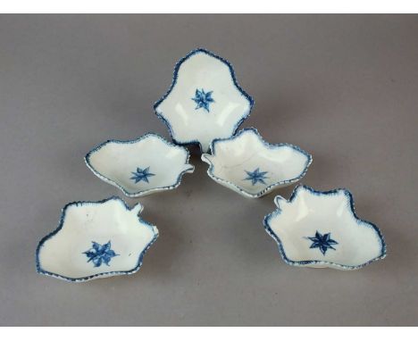 A set of five Caughley pickle leaf dishes circa 1772-80 of leaf moulded form, painted in blue with the 'Single Flowerhead' pa