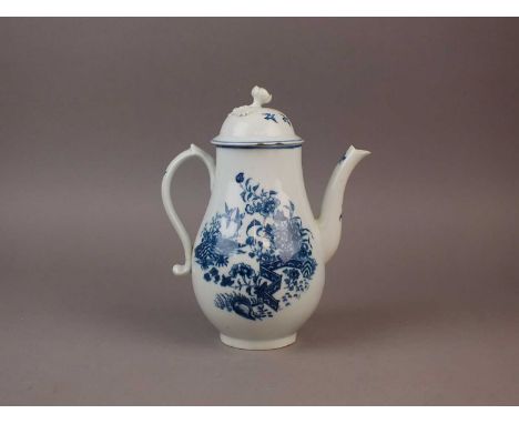 A Caughley coffee pot and cover circa 1777-90 transfer-printed in underglaze blue with the 'Fence' pattern, printed C, 24cm h