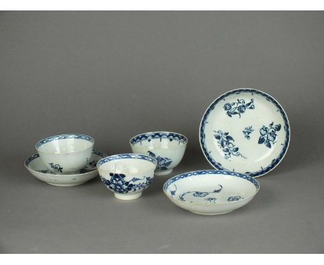 Three Liverpool blue and white tea bowls and saucers circa 1860-80 comprising Philip Christian 'Bird on a Branch', Pennington