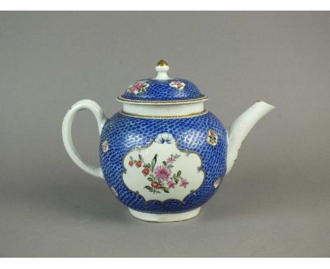 A Philip Christian &amp; Co Liverpool teapot and cover circa 1770-75 enamelled with flowers in shaped panels reserved on a br