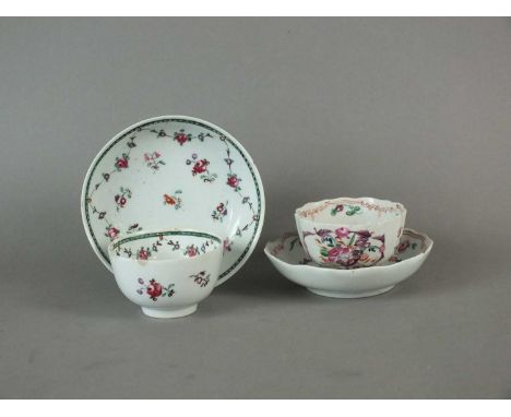 Two Baddeley-Littler teabowls and saucers circa 1780-85 painted in polychrome with scattered flowers and red scrolling border