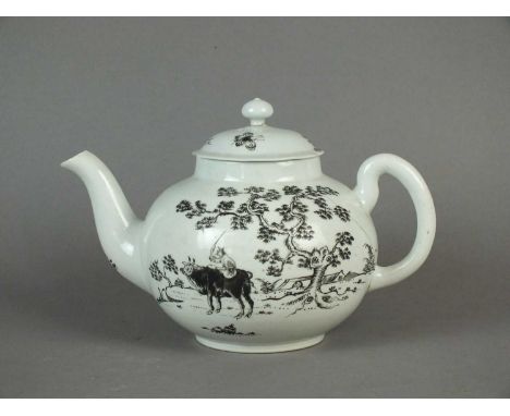 A Worcester 'Boy on a Buffalo' teapot and cover circa 1755 pencilled in black with the young boy astride a bovine mount, the 