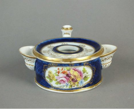 A Coalport porcelain inkstand circa 1810 the body in scale blue and gilding, painted with single floral panel in reserve, inc