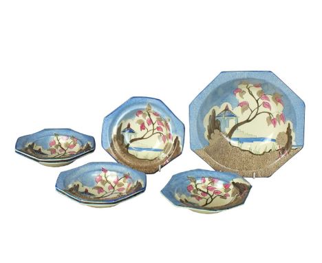 A Clarice Cliff Newport Pottery and Wilkinson Ltd 'Blue Japan' fruit or dessert set circa 1933 of hexagonal form painted with