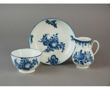 A Caughley tea bowl and saucer circa 1785 transfer-printed in the Apple and Damsons pattern (tea bowl chipped), together with