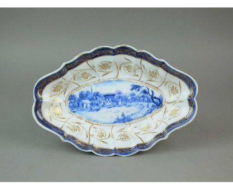 A Caughley 'Bright Landscapes 2' dessert dish circa 1778-92 of canted form, finely painted with a village scene with two figu