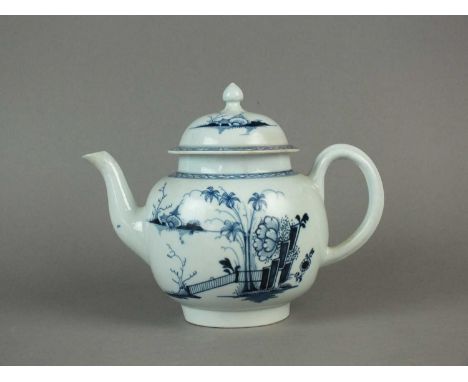 A Philip Christian &amp; Co Liverpool 'Plantation' pattern teapot and cover circa 1770 painted in blue with a garden containi