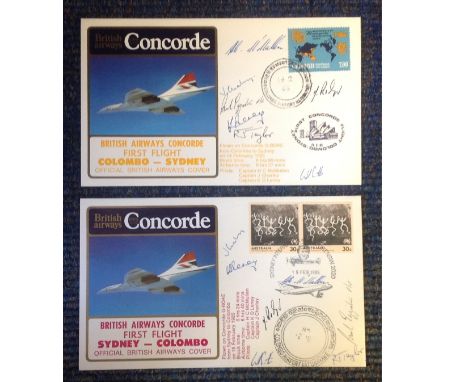 BA First Flight Concorde multiple signed covers Columbo Sydney, Sydney Columbo 1985, both signed by 7 crew members, Flown on 