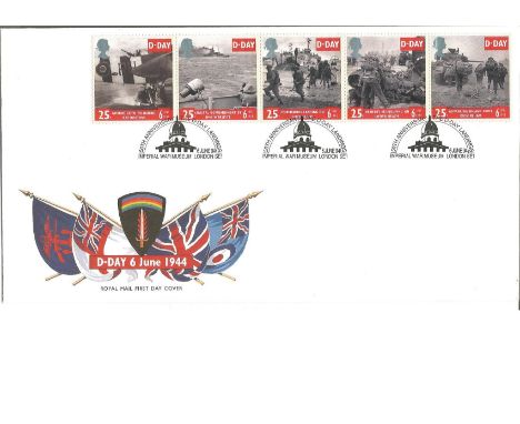 Royal Mail First Day cover 'D-Day 6 June 1944'. Cover design by John Gorham, SHAEF insignia and flags of the services. Imperi