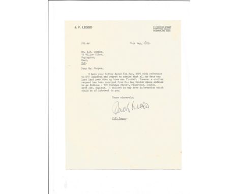 Dambuster Flt Lt J F Leggo DFC typed signed letter 1975 to WW2 author Alan Cooper regarding 617 sqn. Rare autograph Navigator