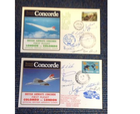 BA First Flight Concorde multiple signed covers London Columbo, Columbo London 1985, both signed by 7 crew members, Flown on 