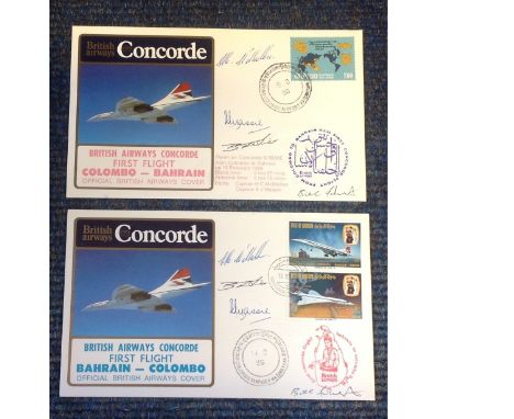 BA First Flight Concorde multiple signed covers Columbo Bahrain, Bahrain Columbo 1985, both signed by 4 crew members, Flown o