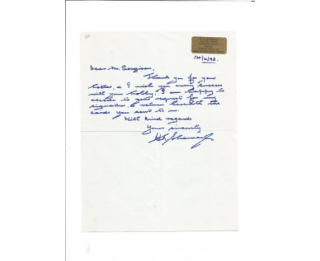 H R Sharman 248 Sqn Battle of Britain handwritten letter to BOB historian Ted Sergison regarding signed cards. Good Condition