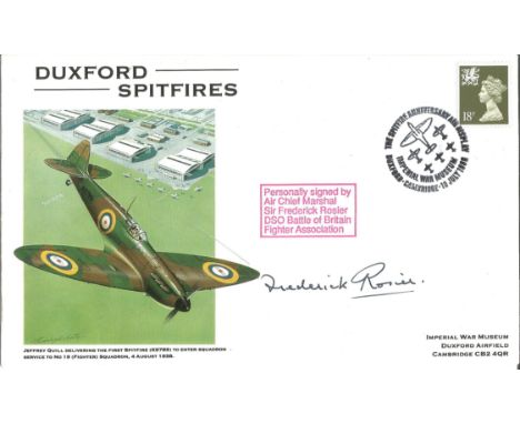 ACM Sir Frederick Rosier DSO (Battle of Britain Fighter Association) signed Duxford Spitfires. Cover design illustrates Jeffr