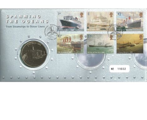 First Day Medal cover issued in 2004, 'Spanning the Oceans'. Celebrating steamships and Ocean Liners, the PNC medal cover fea