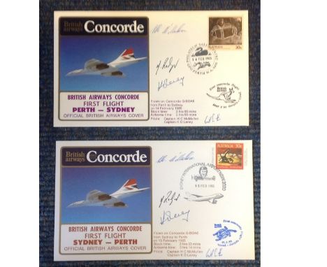 BA First Flight Concorde multiple signed covers Perth Sydney, Sydney Perth 1985, both signed by 4 crew members, Flown on BOAE