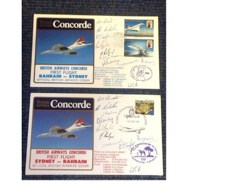 BA First Flight Concorde multiple signed covers Bahrain Sydney, Sydney Bahrain 1985, both signed by 10 crew members, Flown on
